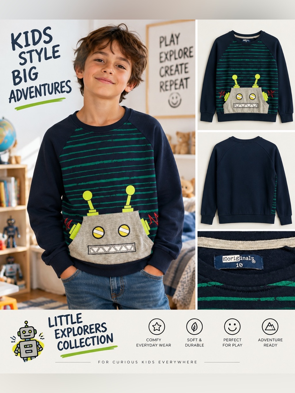 Children Navy & Green Robot Stripe Sweatshirt long sleeves graphic kids size 10y